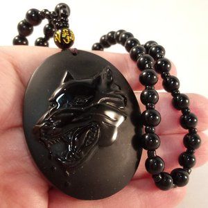 Mens Black Obsidian Crystal Carved Wolf Head Amulet Pendant Bead Chain Necklace